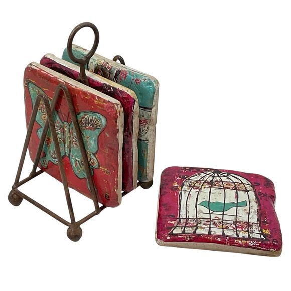 Handcrafted Coaster Set Whimsical 4"x4" Emily Little - Little e Studio W Holder - Picture 1 of 14